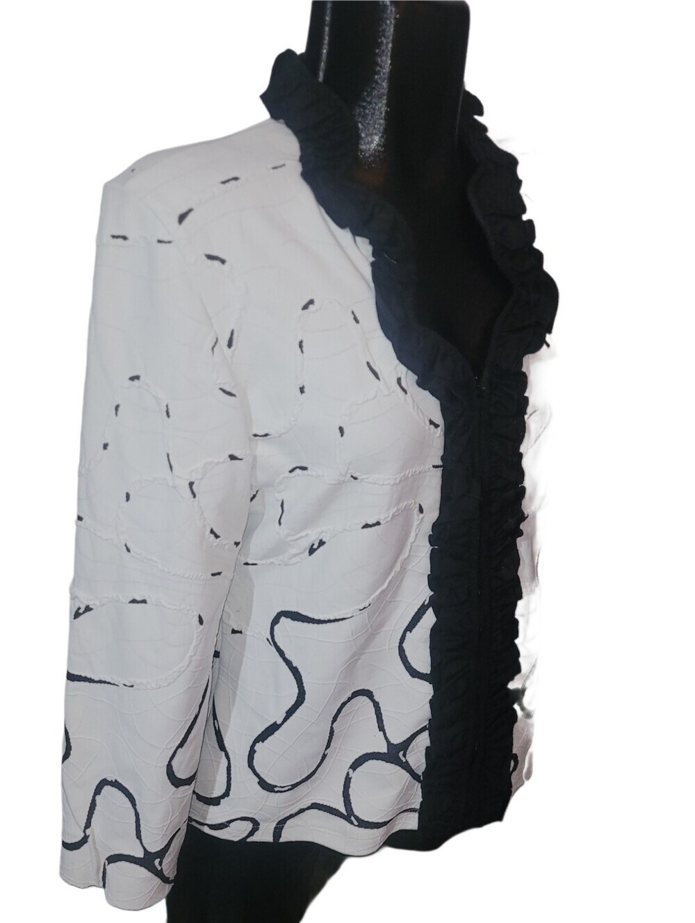 Ravel Y2K White Ruffle-Trim Blazer Jacket with Black Abstract Detail Size L - Picture 3 of 7